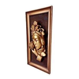 Vintage 50s 60s MCM 3D Gold Chinese Girl Lotus Flower Tretchikoff Green Girl Art